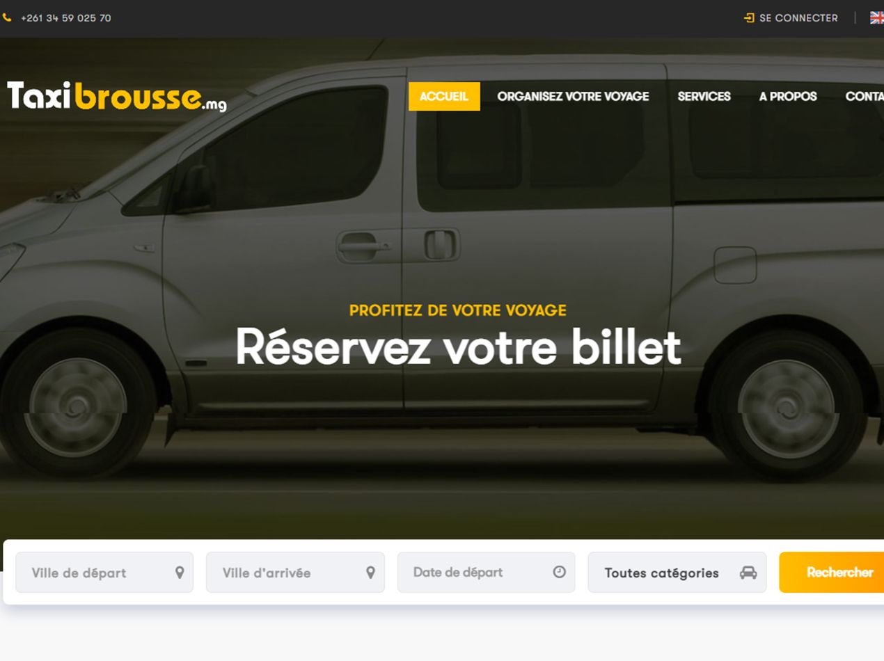 Page d’accueil de Taxibrousse.mg : recherche de trajet par ville de départ, d’arrivée et date